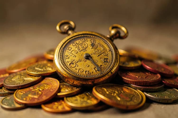 Um relógio de bolso dourado sobre um monte de moedas.