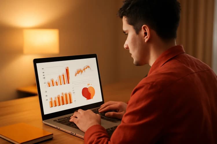 Homem em frente a um computador com gráficos de tráfego pago