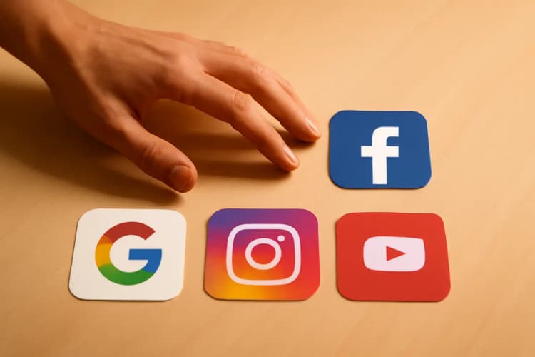Pessoa escolhendo entre diferentes logos de plataformas de anúncios digitais