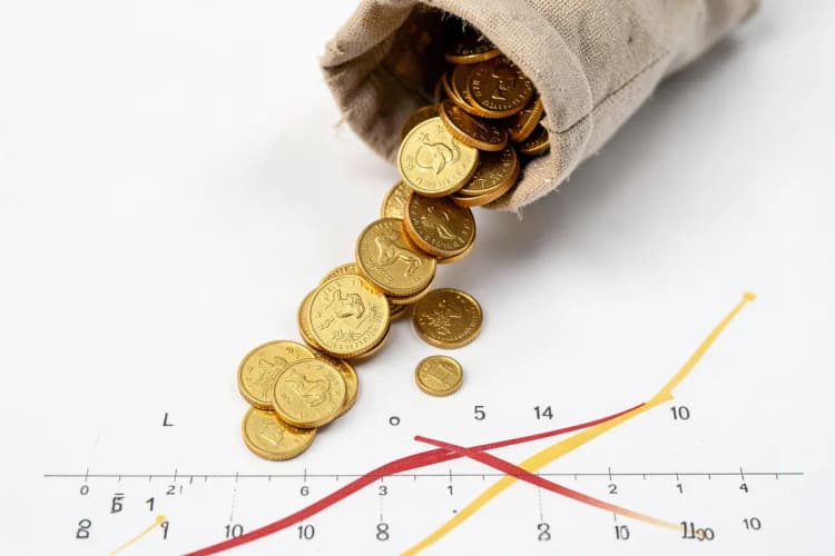 Moedas de ouro caindo de um saco de dinheiro em direção a um gráfico de crescimento em fundo branco, vista de cima, luz de estúdio, movimento de queda.