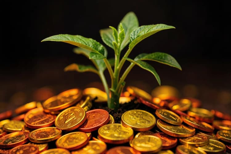 Uma planta crescendo de um monte de moedas de ouro em um fundo escuro, close-up, luz de estúdio vindo de cima, crescimento em progresso.