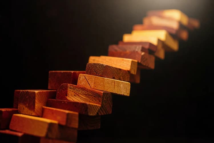 Uma escada feita de blocos de madeira empilhados subindo em direção a uma luz no topo, em fundo escuro, plano médio, luz de estúdio vindo de cima, progresso ascendente.